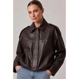 Deriderim Koyu Kahverengi Hakiki Deri Oversize Crop Kemerli Omuz Apolet Detaylı Kadın Ceket - 44