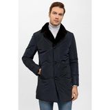 Deriderim Lacivert Kumaş Hugo Yakası Kürk Erkek Kaban - 3XL - Navy