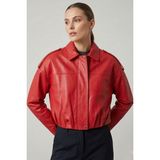 Deriderim Narçiçeği Hakiki Deri Oversize Crop Kemerli Omuz Apolet Detaylı Kadın Ceket - Fuşya - 40