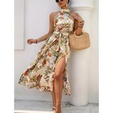 Deridün Yıldız Shoes Kadın Omuzlardan Açık Halter Yakalı Yırtmaçlı Çiçek Desenli Süprem Elbise - L - XL - Sarı
