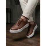 Derify Hakiki Deri Beyaz Erkek Casual Ayakkabı – Ortopedik, Ultra Rahat, Akıllı Bağcık, Günlük Sneaker - Taba
