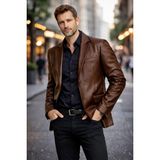 Derije Diego Hakiki Kuzu Deri Erkek Kahverengi Blazer Ceket - M
