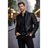 Derije Diego Hakiki Kuzu Deri Erkek Siyah Blazer Ceket