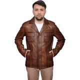 Derije Gomez Hakiki Deri Erkek Punto Dikişli Taba Ceket-Mont - -- - XL
