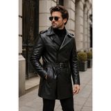 Derije Lugano Hakiki Deri Erkek Kuşaklı Siyah Trençkot - 3XL