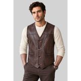 Derije Rodeo Hakiki Deri Erkek Punto Dikişli Kahverengi Yelek - 3XL
