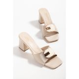 derim shoes Bej Rugan Tokalı Kalın Topuklu Kadın Terlik