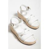 derim shoes Beyaz Hakiki Deri Hasır Taban Dolgu Topuk Sandalet