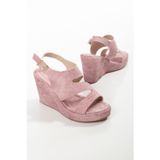 derim shoes Kadın Pudra Kumaş Dolgu Topuk Sandalet Ayarlanabilir Tokalı Rahat Yazlık Ayakkabı