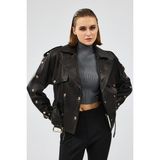 Derimod Crystal Kadın Siyah Biker Deri Ceket 24WGD5223VE