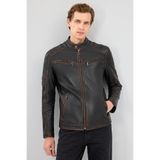 Derimod Leonard Erkek Vintage Slim-Fit Deri Ceket, Kahverengi, L Beden