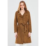 Derimod Sardinia Kadın Camel Süet Deri Trençkot Standart Kalıp Uzun Kol Deri Malzeme 24SGD518010 - 3XL