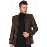 Derimont Deri Erkek Koyu Kahve Cep Kapaklı Deri Mont - XL - Kahverengi