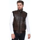 Derimont Deri Frasco Cepli Fermuarlı Kahverengi Deri Yelek - XL