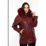 Derimont Deri Joel Bordo Kapşon Kürklü Kadın Deri Ceket - 2XL - Kırmızı
