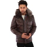 Derimont Deri Kahverengi Kapşon Kürklü Erkek Deri Ceket - 2XL