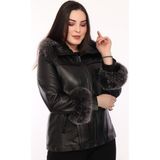 Derimont Deri Roxana Siyah Kapşon Kürklü Kadın Deri Ceket - XL