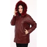 Derimont Deri Sara Bordo Kapşon Kürklü Kadın Deri Ceket - XL