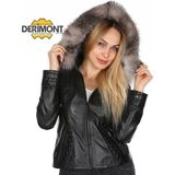 Derimont Deri Siyah Kapşon Kürklü Kol Işlemeli Kadın Deri Mont - 2XL