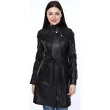 Derimont Deri Siyah Kuşaklı Uzun Kadın Ceket - 2XL