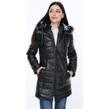 Derimont Deri Siyah Yaka Kürklü Uzun Kadın Deri Mont - XL