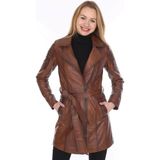 Derimont Kadın Deri Mont Kahverengi Hoodie Düz Desenli Kuzu Derisi Şık ve Rahat Ceket