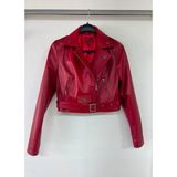 Derimontaya Kadın Hakiki Kuzu Derisi Kırmızı Biker Ceket – Kemerli Fermuarlı Crop Model - XS - 00Kırmızı