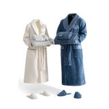 Derin Aile Bornoz Seti %100 Organik Pamuk Nakışlı Krem/Mavi - M/L