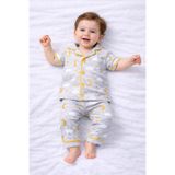derin baby %100 Pamuk Kısa Kollu Düğmeli Yazlık Kırmızı Ay Yıldız Bulut Desenli Bebek Pijama Takımı