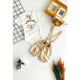 Derin Bebe Neşeli Bebekler Bear Baskılı Alttan Çıtçıtlı Badili 2'li Salopet Takım Bej - 9 - 12 Ay