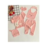 DERİNBEBE Organik Kumaş Ayıcık Nakışlı Desen 5 Parça Hastane Çıkışı Seti Somon