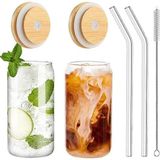 Derinify Bambu Kapaklı 2’li Cam Bardak Seti - 300ML Isıya Dayanıklı Cam Pipetli ve Hediye Temizlik Fırçası - Şeffaf - 300 ml