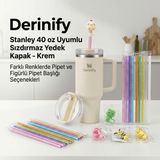 Derinify Stanley 40 Oz Uyumlu Sızdırmaz Yedek Kapak - Krem Plastik Malzeme Kombin Pipet ve Figürlü Pipet Başlığı ile