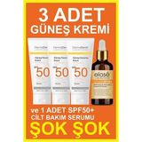 Dermaderm 3 Adet Spf 50+ Güneş Koruma Vitaminli Yüz ve Vücut Güneş Kremi 3 x 100 Ml. ve 1 Adet Leke Karşıtı Güneş Serumu 50 Ml.