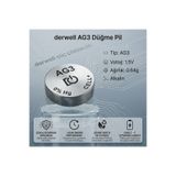 Derwell 1 Adet AG3 LR41 1.5V Alkalin Düğme Pil Cıva İçermez Sızdırmaz Uzun Ömürlü Oyuncak Lazer Saat Kulaklık Dijital Termometre Mikroskop Tartı Pili Güçlü İstikrarlı Enerji Çoklu Koruma