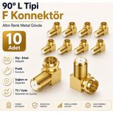 Derwell 10 Adet Altın Renk Metal Gövde 90° L Tipi F Konnektör Adaptörü - Tv ve Uydu Sistemleri Ile Uyumlu Dişi Erkek Anten Kablosu Çevirici, Yüksek Iletkenlik Düşük Sinyal Kaybı Dayanıklı Aparat