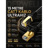 Derwell 15 Metre Ultrahız Cat7 Sstp Ethernet Internet Kablosu - Altın Kaplama RJ45 Konnektörlü Çift Korumalı Saf Bakır Lan Yama Kablosu; 10GBPS 600MHZ Fiber Modem Pc Oyuncu - 15 METRE ULTRAHIZ