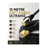 Derwell 15 METRE UltraHız Cat7 SSTP Ethernet İnternet Kablosu - Altın Kaplama RJ45 Konnektörlü Çift Korumalı Saf Bakır Lan Yama Kablosu; 10Gbps 600MHz Fiber Modem PC Oyuncu