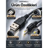 Derwell 2.5 x 0.7 mm Ölçülü USB A'dan Dc Jak Girişli Akıllı Cihazlar Için Evrensel Şarj ve Güç Aktarım Kablosu Siyah Esnek Gövde Pratik Bağlantı Arayüzü Güvenli Voltaj Sağlayan Yeni Nesil Kablo Yapısı - Siyah