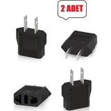Derwell 2 Adet Türk Fişi Amerikan Tip Fiş Çevirici Seyahat Adaptörü 2 Pinli Düz Plug Travel Adapter Fiş Priz - Siyah