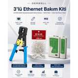 Derwell 3lü Ethernet Bakım Kiti Ez RJ45 Delikli Geçmeli Konnektör Sıkma Pensesi 100LÜ Paket Kablo Test Ölçüm Cihazı Cat6 CAT5E Utp Internet Ağ Kablosu Çakma Pensesi Profesyonel Sonlandırma Seti - 1 ADET