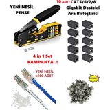 Derwell 4 In 1 Set Yeni Nesil Cat5/6/7/8 Ez RJ45 8P8C Pense + 10 Adet Gigabit Destekli RJ45 Ara Birleştirici + 100 Adet Cover Kılıf + 100 Adet Yeni Nesil Delikli RJ45 Konnektör Network Aksesuarları Bakım Kiti