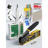 Derwell 4 In 1 Set Yeni Nesil Cat6/7/8 Pense + RJ45 RJ11 Test Cihazı + Kep Kep Krone Bıçağı + 100 Adet Yeni Nesil Delikli RJ45 8P8C Utp Konnektör Network Bakım Kiti