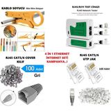 Derwell 4 In 1 Set4 100 Adet Cat5/6 8P8C Utp Jak + Kablo Soyucu Sarı + RJ45 RJ11 Test Cihazı + 100 Adet Cover Kılıf Network Aksesuarları Kiti