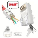 Derwell 50 Adet Yeni Nesil Delikli Cat7 Metal RJ45 Konektörü Cat7 Stp 8P8C Ethernet Kablosu Konnektörü - Gri - Beyaz