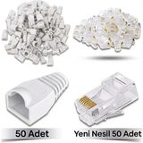 Derwell 50 Adet Yeni Nesil Ez RJ45 8P8C + 50 Adet Cover Beyaz Set RJ45 2in1 Cover Jak Set Jak Kılıfı Pabuç Internet Kablo Ucu Ethernet Soket Utp Konnektör Beyaz