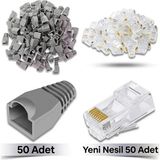 Derwell 50 Adet Yeni Nesil Ez RJ45 8P8C + 50 Adet Cover Gri Set RJ45 2in1 Cover Jak Set Jak Kılıfı Pabuç Internet Kablo Ucu Ethernet Soket Utp Konnektör Gri