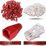 Derwell 50 Adet Yeni Nesil Ez RJ45 8P8C + 50 Adet Cover Kırmızı Set RJ45 2in1 Cover Jak Set Jak Kılıfı Pabuç Internet Kablo Ucu Ethernet Soket Utp Konnektör Kırmızı