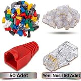 Derwell 50 Adet Yeni Nesil Ez RJ45 8P8C + 50 Adet Cover Renkli Set RJ45 2in1 Cover Jak Set Jak Kılıfı Pabuç Internet Kablo Ucu Ethernet Soket Utp Konnektör Rengarenk