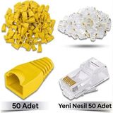 Derwell 50 Adet Yeni Nesil Ez RJ45 8P8C + 50 Adet Cover Sarı Set RJ45 2in1 Cover Jak Set Jak Kılıfı Pabuç Internet Kablo Ucu Ethernet Soket Utp Konnektör Sarı